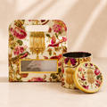 Premium Golden Gazebo Print paper gift box with two matching airtight tin jars for dry fruit and chocolate gifting. Elegant luxury gift box measuring 4x7x3.5 inches for festive hampers, wedding gifts, corporate gifting, and gourmet food packaging.
