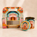 Premium Pastel Palace Print paper gift box with two matching airtight tin jars for dry fruit and chocolate gifting. Elegant pastel-themed gift box measuring 4x7x3.5 inches for festive hampers, wedding gifts, corporate gifting, and gourmet food packaging