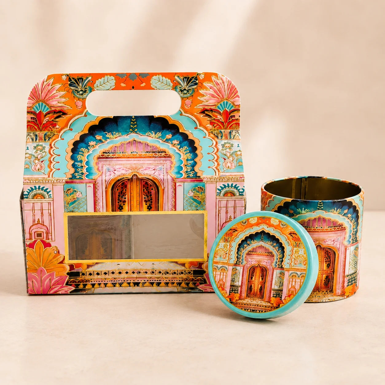 Premium Pastel Palace Print paper gift box with two matching airtight tin jars for dry fruit and chocolate gifting. Elegant pastel-themed gift box measuring 4x7x3.5 inches for festive hampers, wedding gifts, corporate gifting, and gourmet food packaging