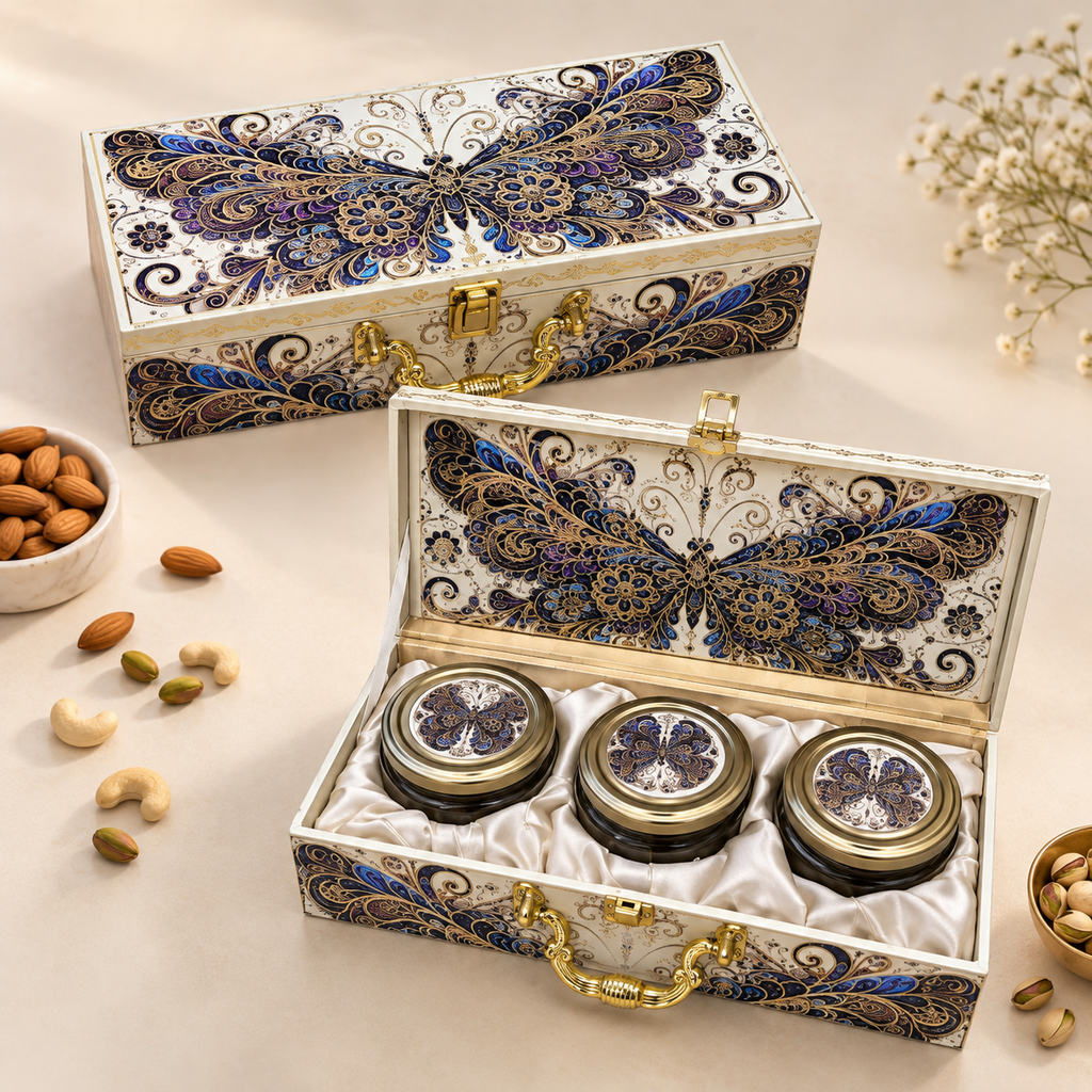 Designer Butterfly Print Dry Fruit Boxes for Diwali Corporate and Wedding Gifting