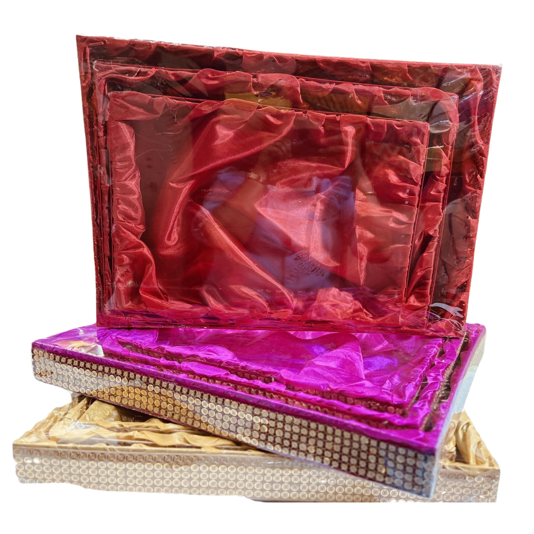 Exquisite MDF 3 Pcs Tray Set with Sitara Lace Design and Satin Interior – Perfect for Gift Packing, Hampers, Weddings, and More