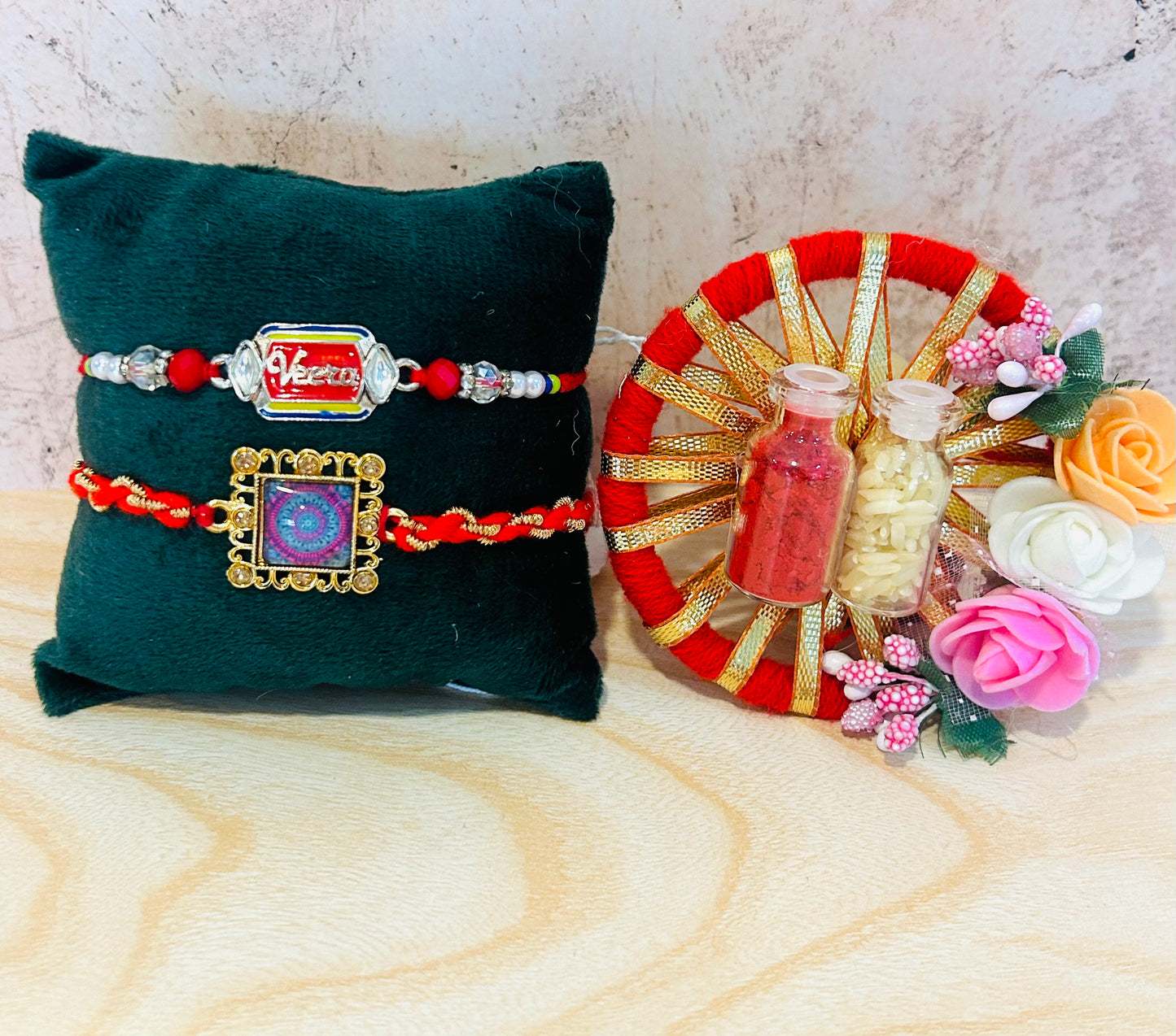 Set of 2 rakhis including a metallic “Veera” rakhi and designer charm rakhi with festive beads – Wrap Shap Raksha Bandhan collection
