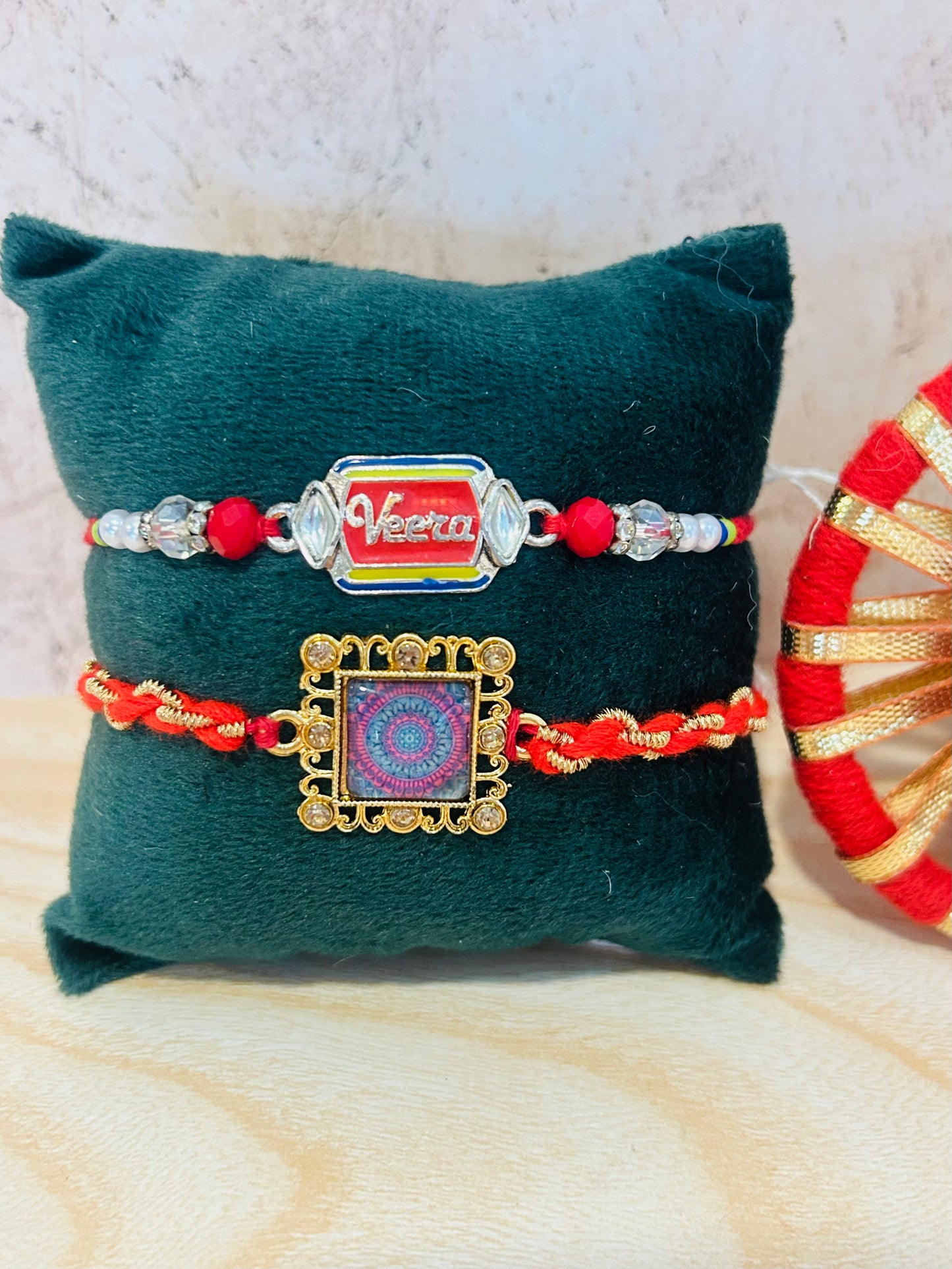 Set of 2 Rakhis – “Veera” Rakhi & Designer Print Charm Rakhi | Premium Raksha Bandhan Set by Wrap Shap