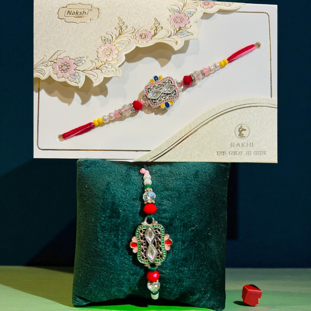 Kundan Bead Rakhi Design 3820 – Elegant Traditional Raksha Bandhan Rakhi with Roli Chawal | Wrap Shap