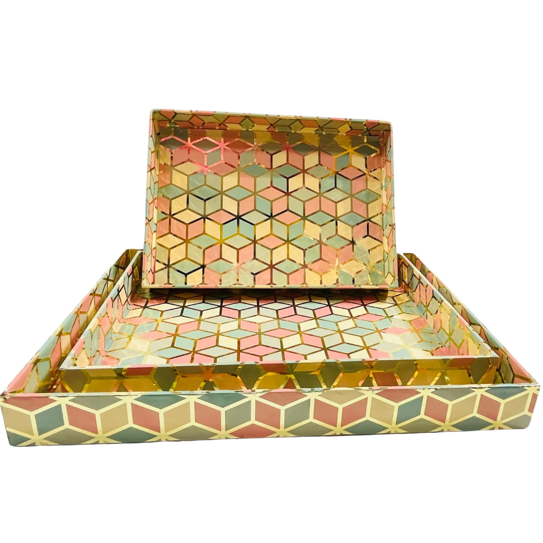 Elegant MDF 3 Pcs Tray Set with Digital Paper Print – Perfect for Gift Packing, Hampers, Weddings, and Trousseau Packing