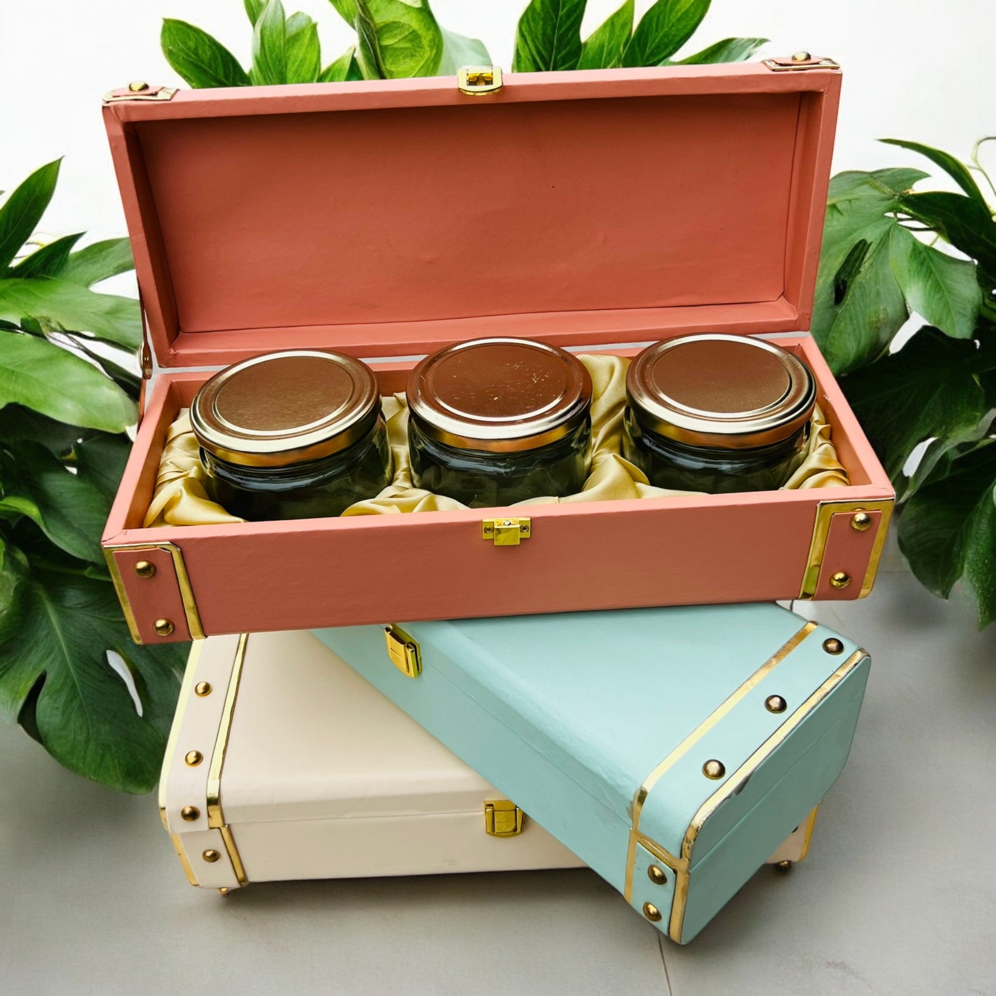 Luxury 3-jar dry fruit gift box with leatherette finish, airtight jars, ideal for weddings, corporate gifting, Diwali hampers, and return favors