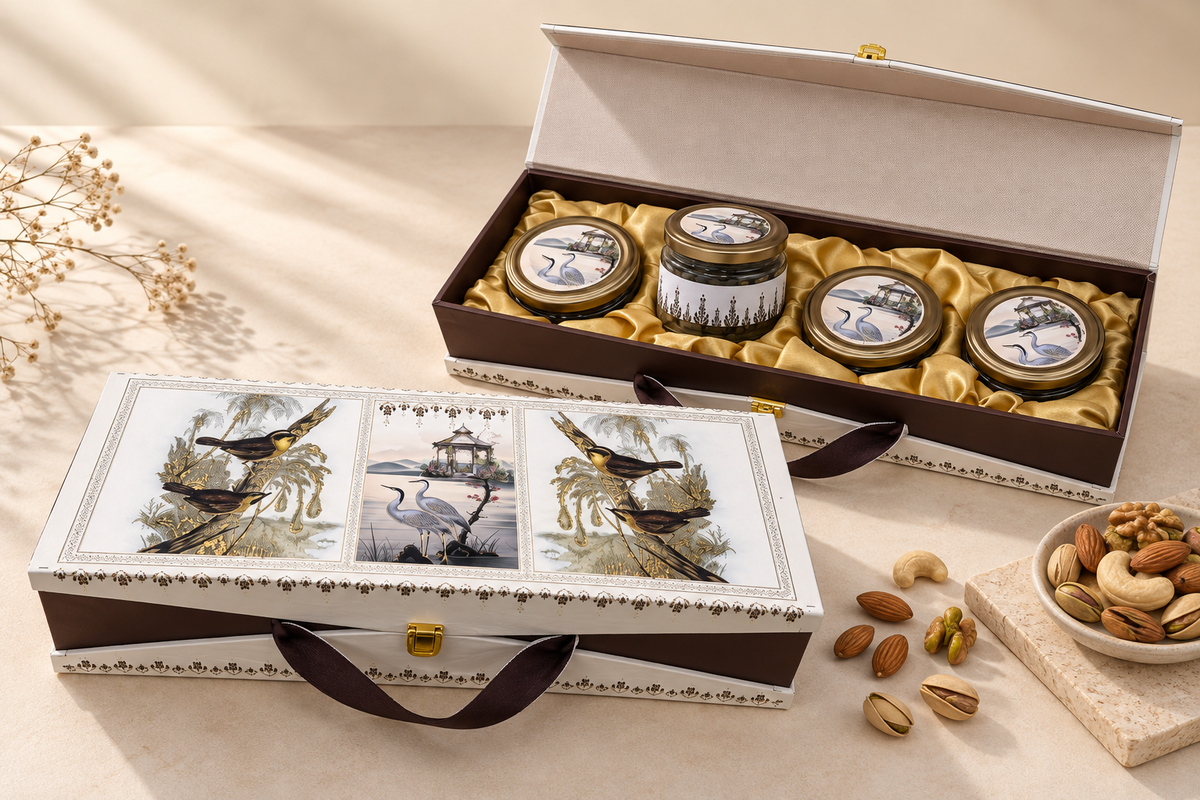 Designer V Style Bird Print Dry Fruit Box for Diwali Corporate and Wedding Gifting
