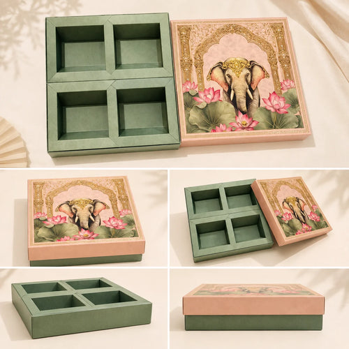 4 Partition Dry Fruit Box by Wrap Shap made from premium kappa board in assorted designs, ideal for dry fruits, chocolates, sweets, festive hampers, wedding favours, corporate gifting, and bulk gift packaging.