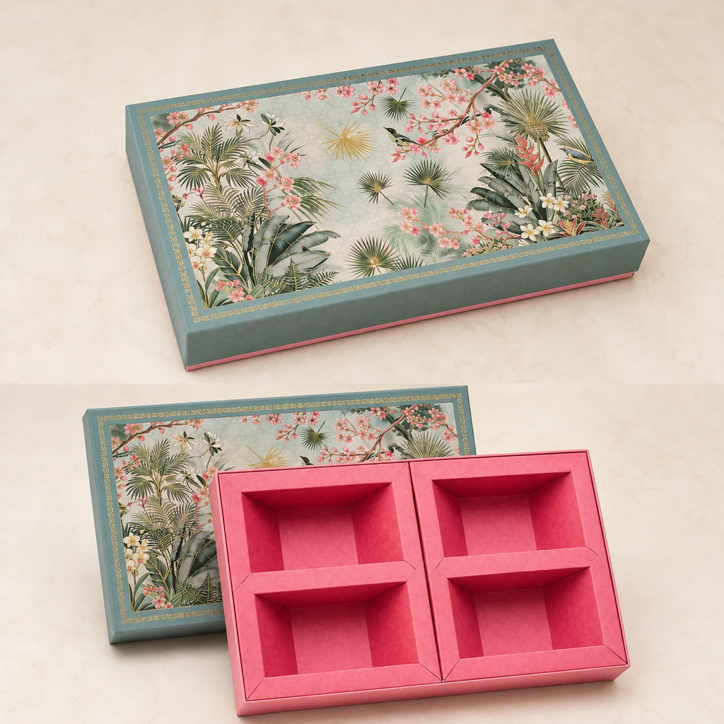 Budget Dry Fruit Gift Box by Wrap Shap featuring a premium 4-partition kappa board design in assorted patterns, ideal for dry fruits, chocolates, festive hampers, corporate gifting, wedding favours, and bulk gifting.