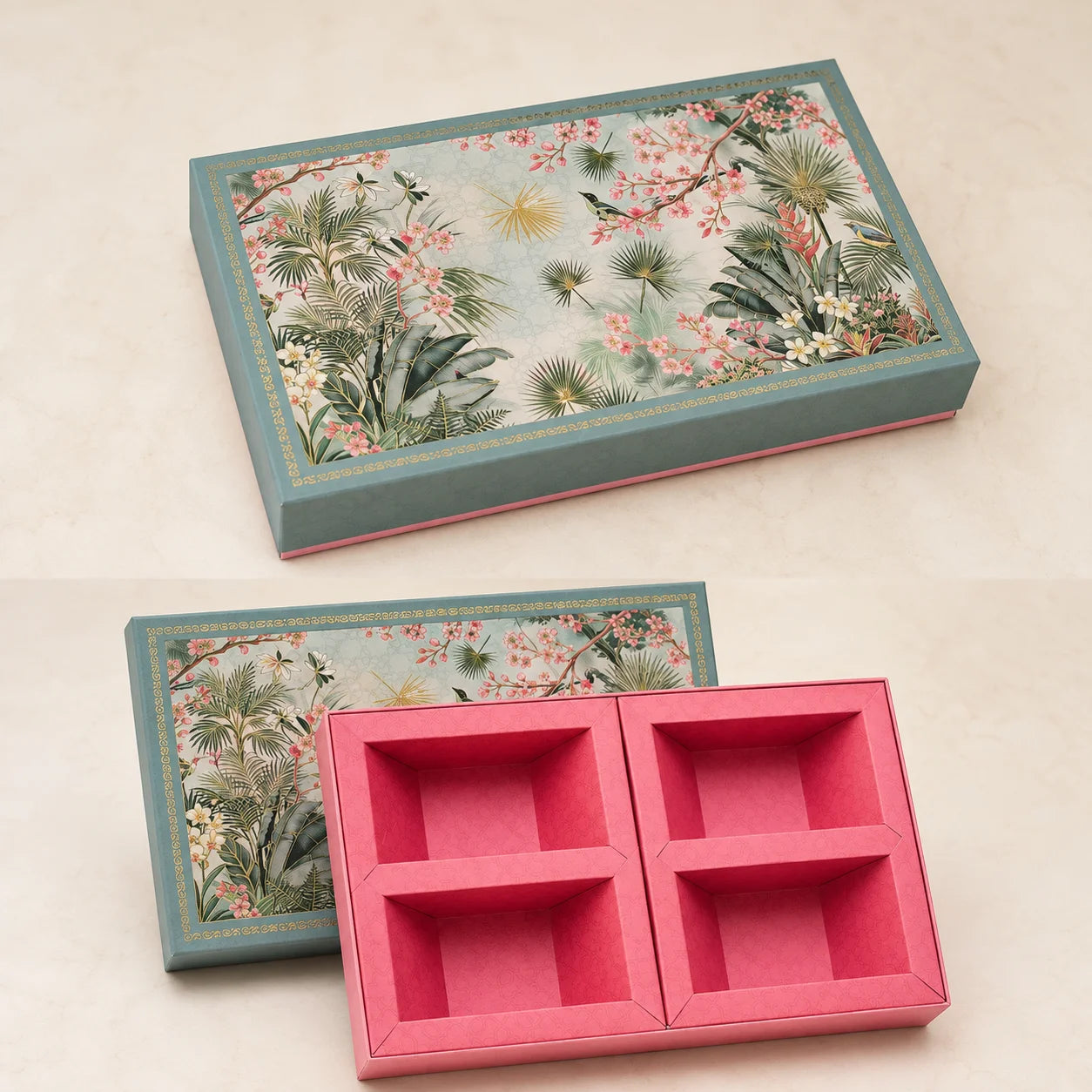 Budget Dry Fruit Gift Box by Wrap Shap featuring a premium 4-partition kappa board design in assorted patterns, ideal for dry fruits, chocolates, festive hampers, corporate gifting, wedding favours, and bulk gifting.