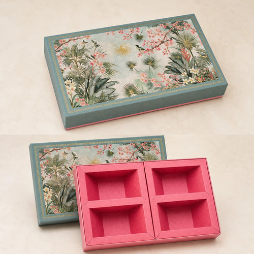 Budget Dry Fruit Gift Box by Wrap Shap featuring a premium 4-partition kappa board design in assorted patterns, ideal for dry fruits, chocolates, festive hampers, corporate gifting, wedding favours, and bulk gifting.