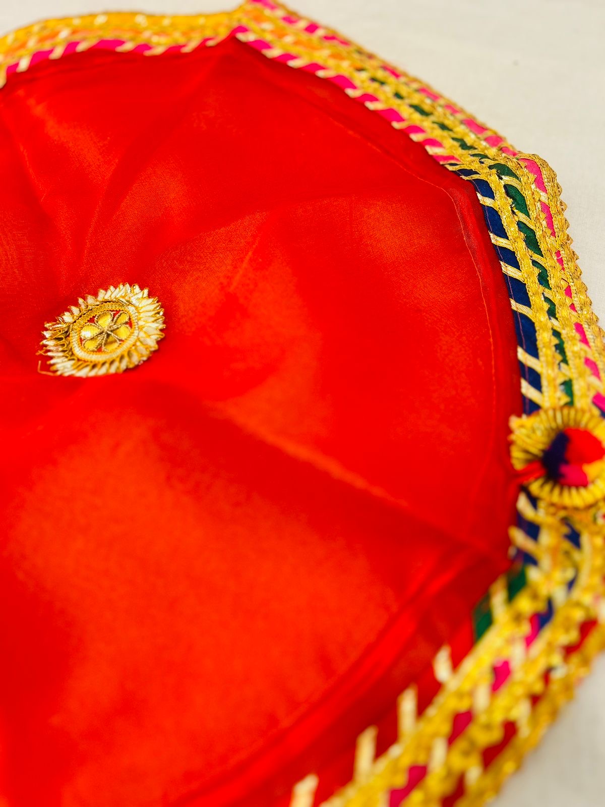 Tissue God Bharai Potli with Multicolored Lace Border – Big Size | Thaal Cover, Pooja, Wedding Use | Wrap Shap