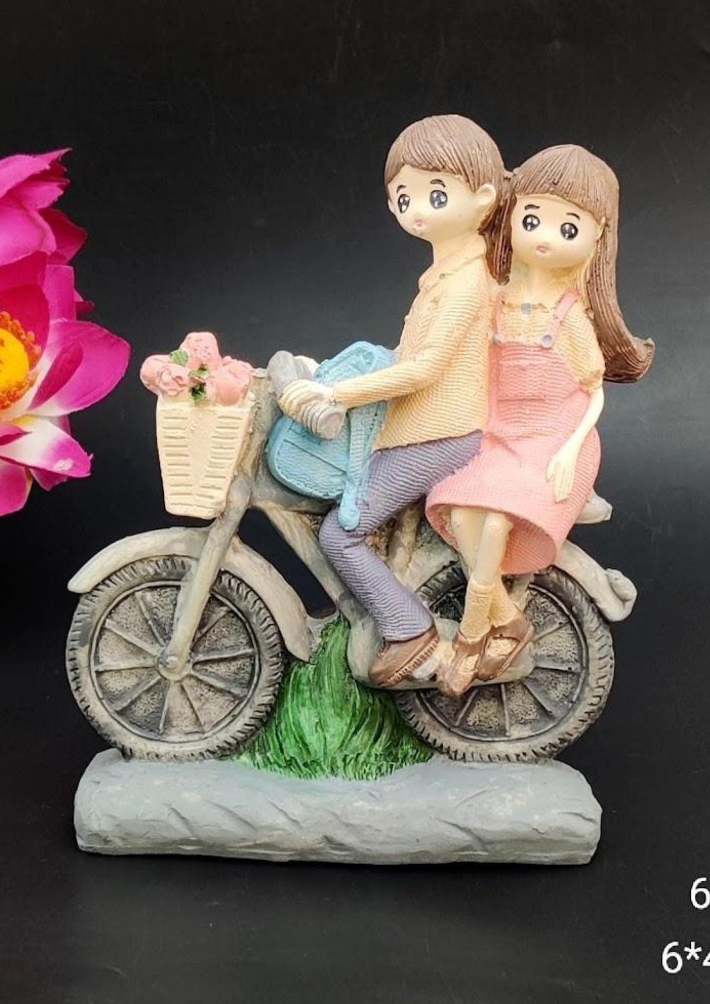 6-inch resin figurine of a romantic couple on a vintage bicycle with a basket of flowers, perfect for Valentine’s Day, anniversary, birthday, or wedding gifts
