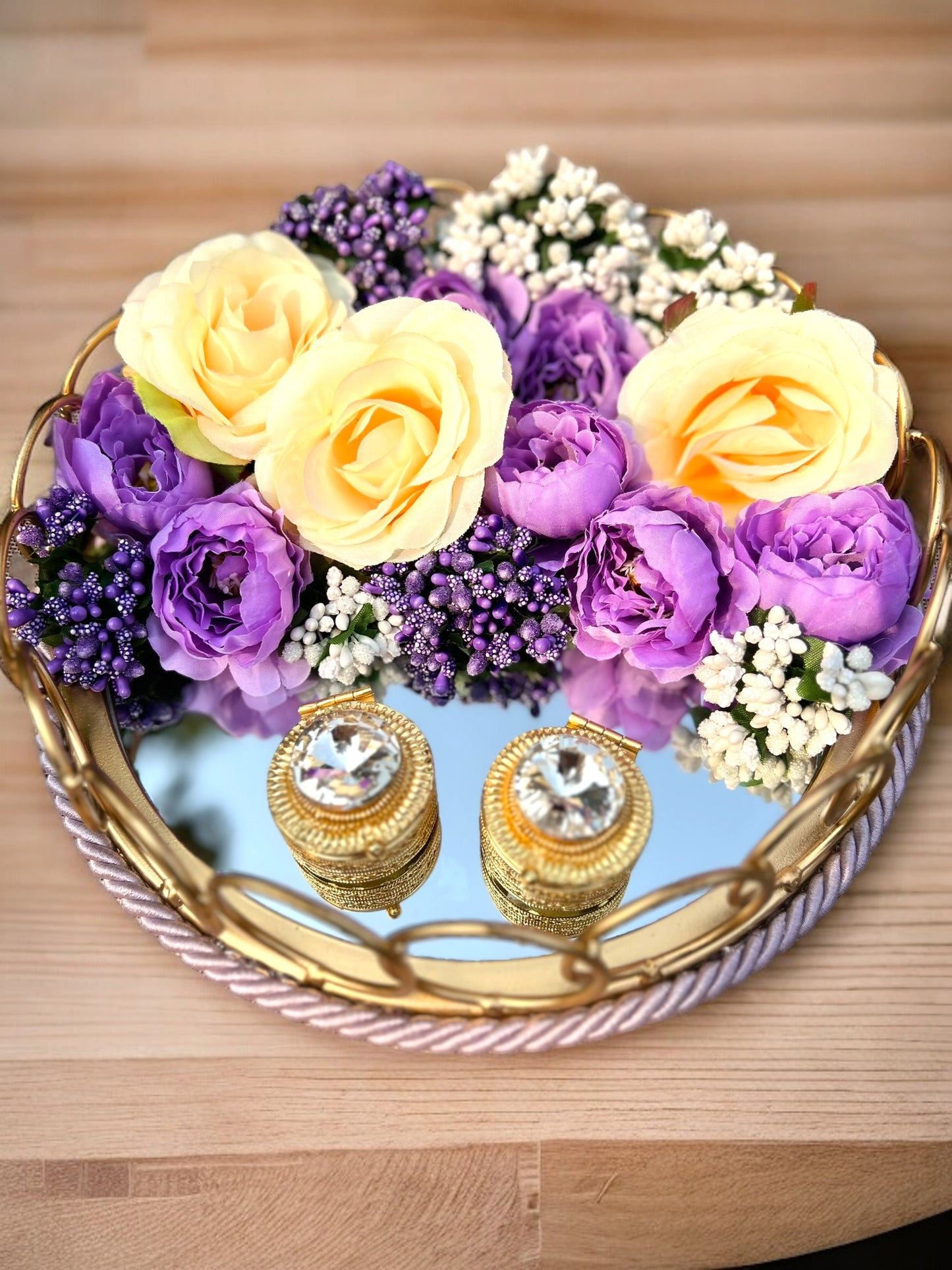 Eternal Bloom Engagement Ring Platter: Purple & Golden Harmony