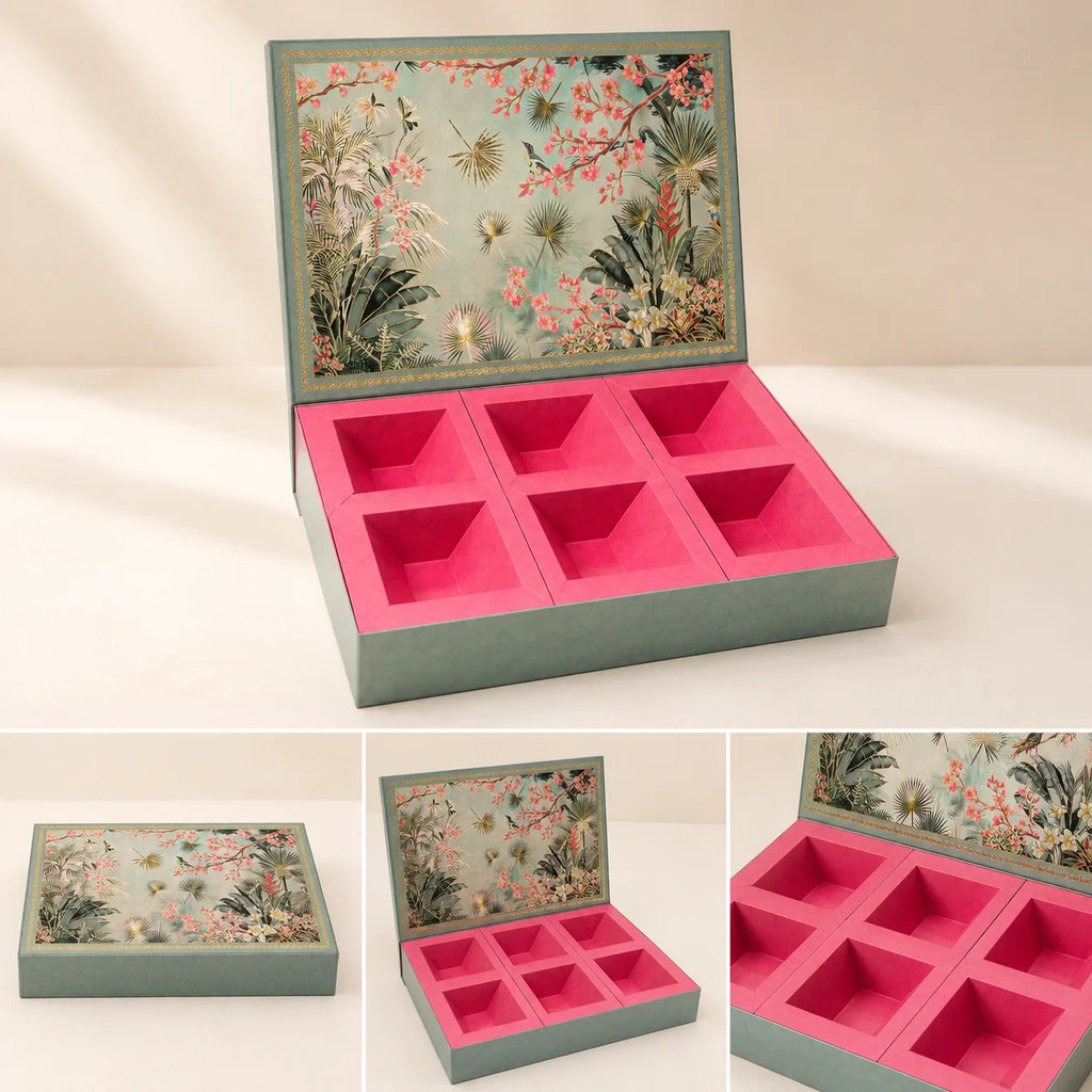 6 Partition Dry Fruit Box by Wrap Shap made from premium kappa board, ideal for dry fruits, chocolates, gourmet snacks, festive hampers, wedding favours, corporate gifting, and luxury gift packaging.