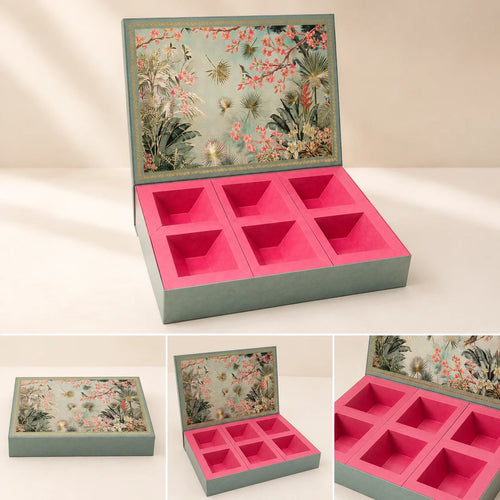 6 Partition Dry Fruit Box by Wrap Shap made from premium kappa board, ideal for dry fruits, chocolates, gourmet snacks, festive hampers, wedding favours, corporate gifting, and luxury gift packaging.