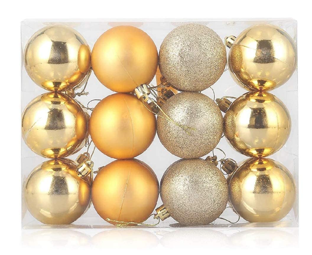 Pack of 12 Red & Golden Glitter Christmas Tree Hanging Balls | Shiny Ornaments for Xmas Décor & Party Decorations