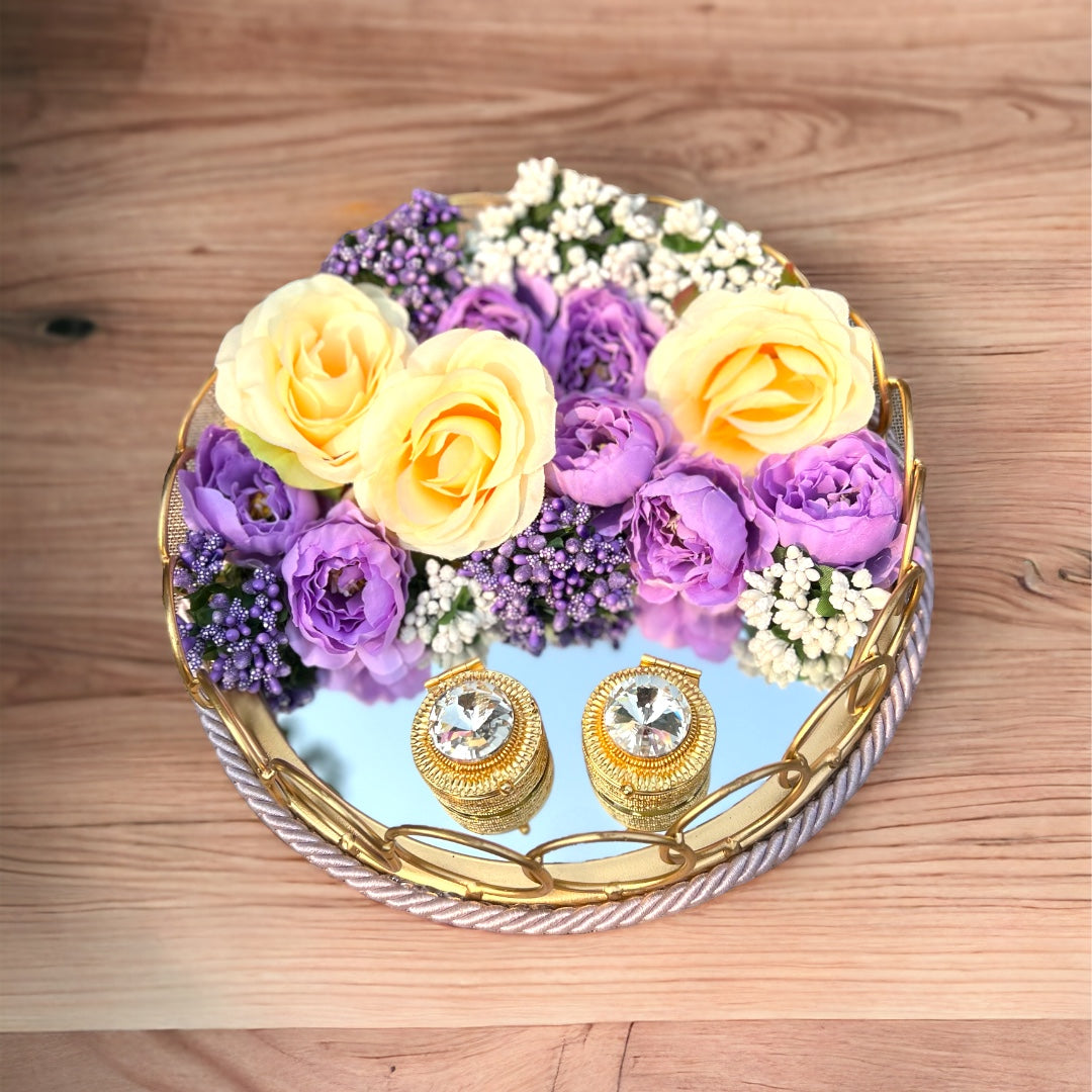 Eternal Bloom Engagement Ring Platter: Purple & Golden Harmony