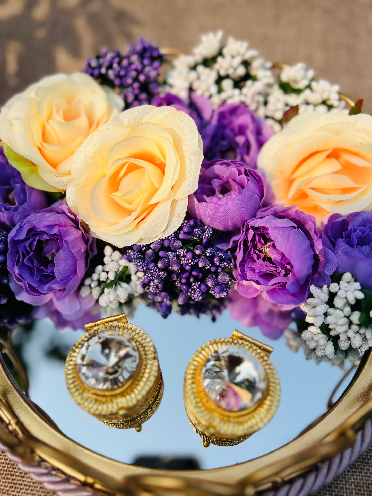 Eternal Bloom Engagement Ring Platter: Purple & Golden Harmony