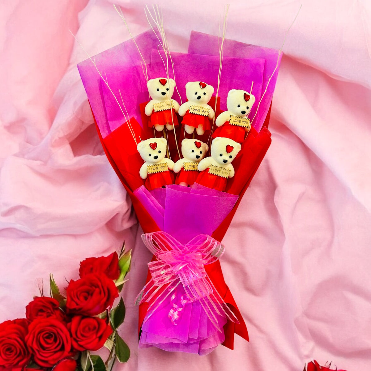 6-piece teddy bear bouquet hamper wrapped beautifully – perfect for Valentine’s Day, anniversary, birthday, wedding, or romantic surprises.