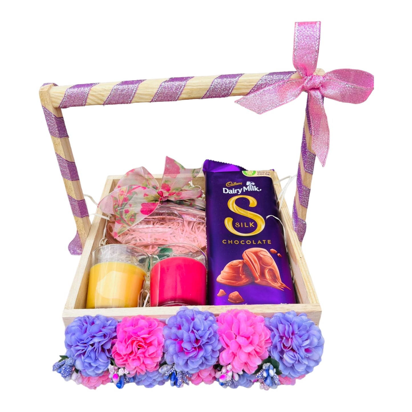 Pink Purple Carnation Decorated Pinewood Gifting Basket