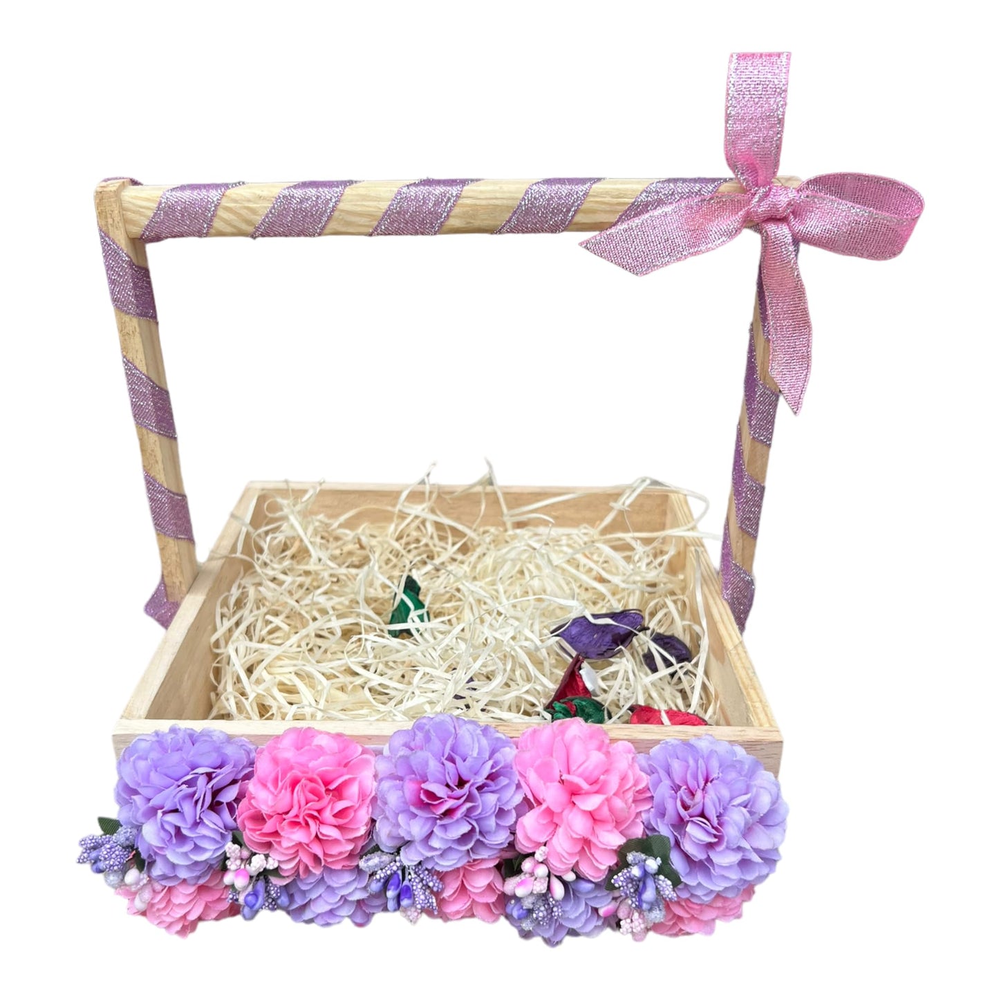 Pink Purple Carnation Decorated Pinewood Gifting Basket