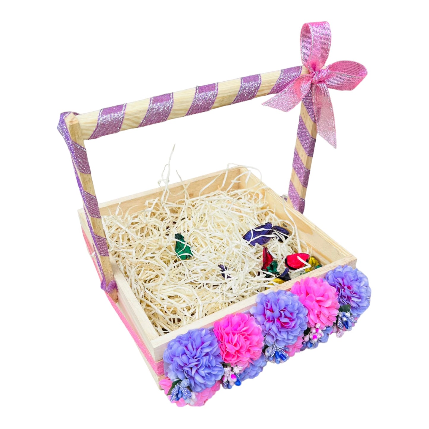 Pink Purple Carnation Decorated Pinewood Gifting Basket