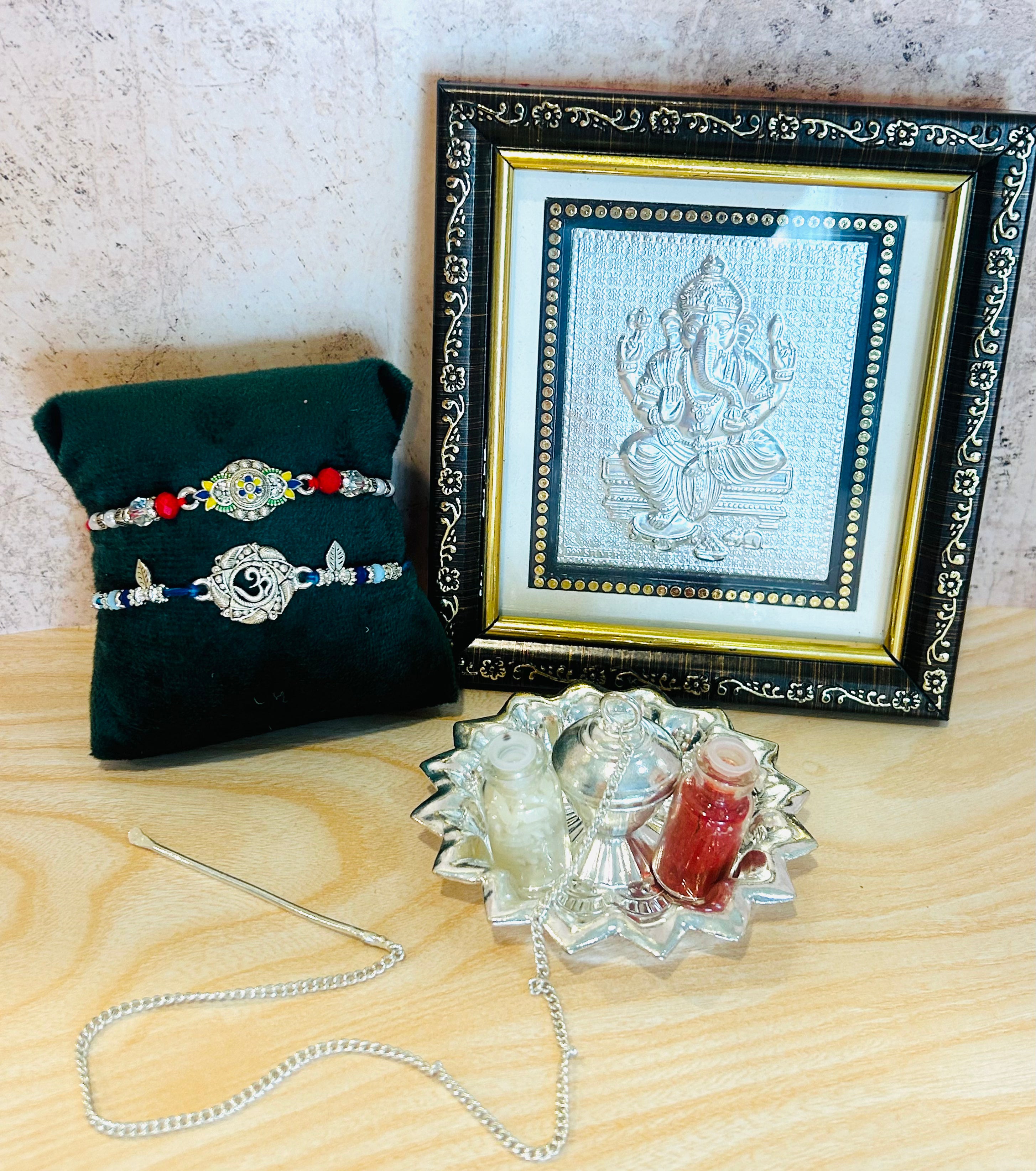 Set of 2 Rakhis – Om Rakhi & Colorful Charm Designer Rakhi with Roli Chawal