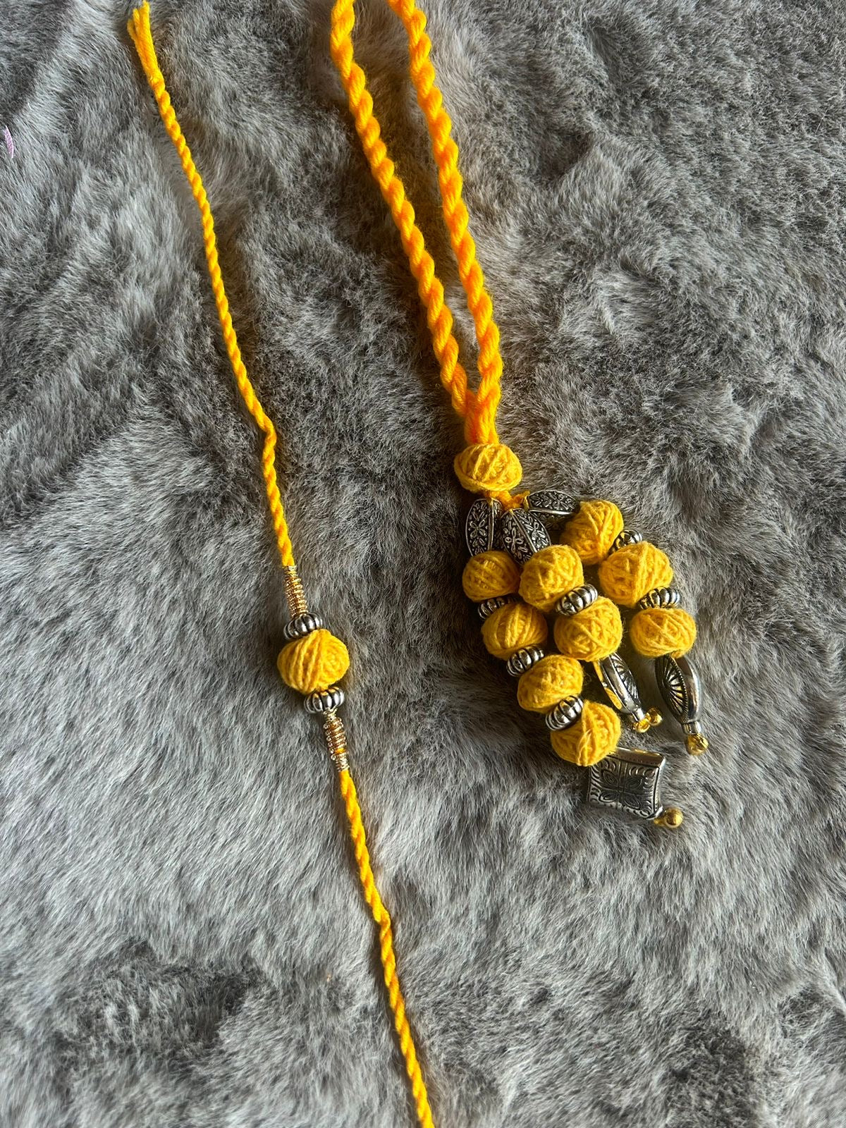 Wrap Shap Designer Bhaiya Bhabhi Rakhi Lumba Set - Yellow Macrame Thread Design with Roli Chawal