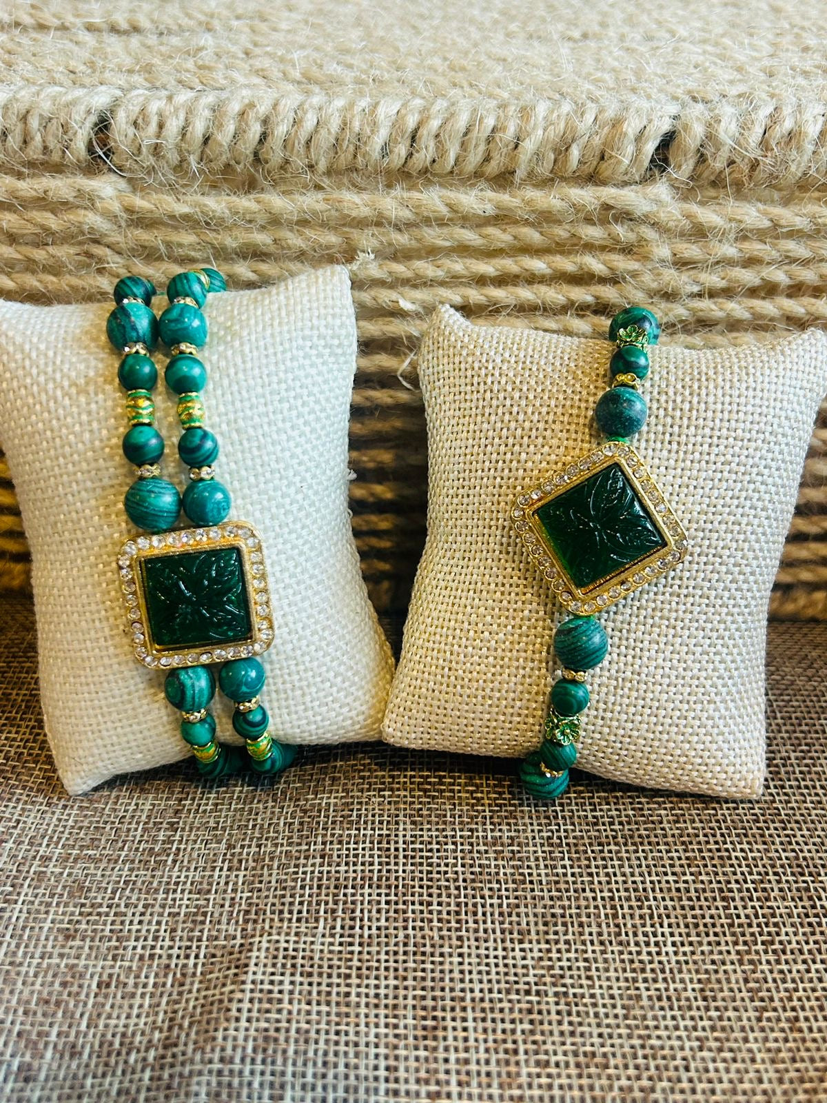 Wrap Shap Designer Bhaiya Bhabhi Rakhi Lumba Set with Green Beads and Emerald Resin Stone - Model RM317, Includes Roli Chawal