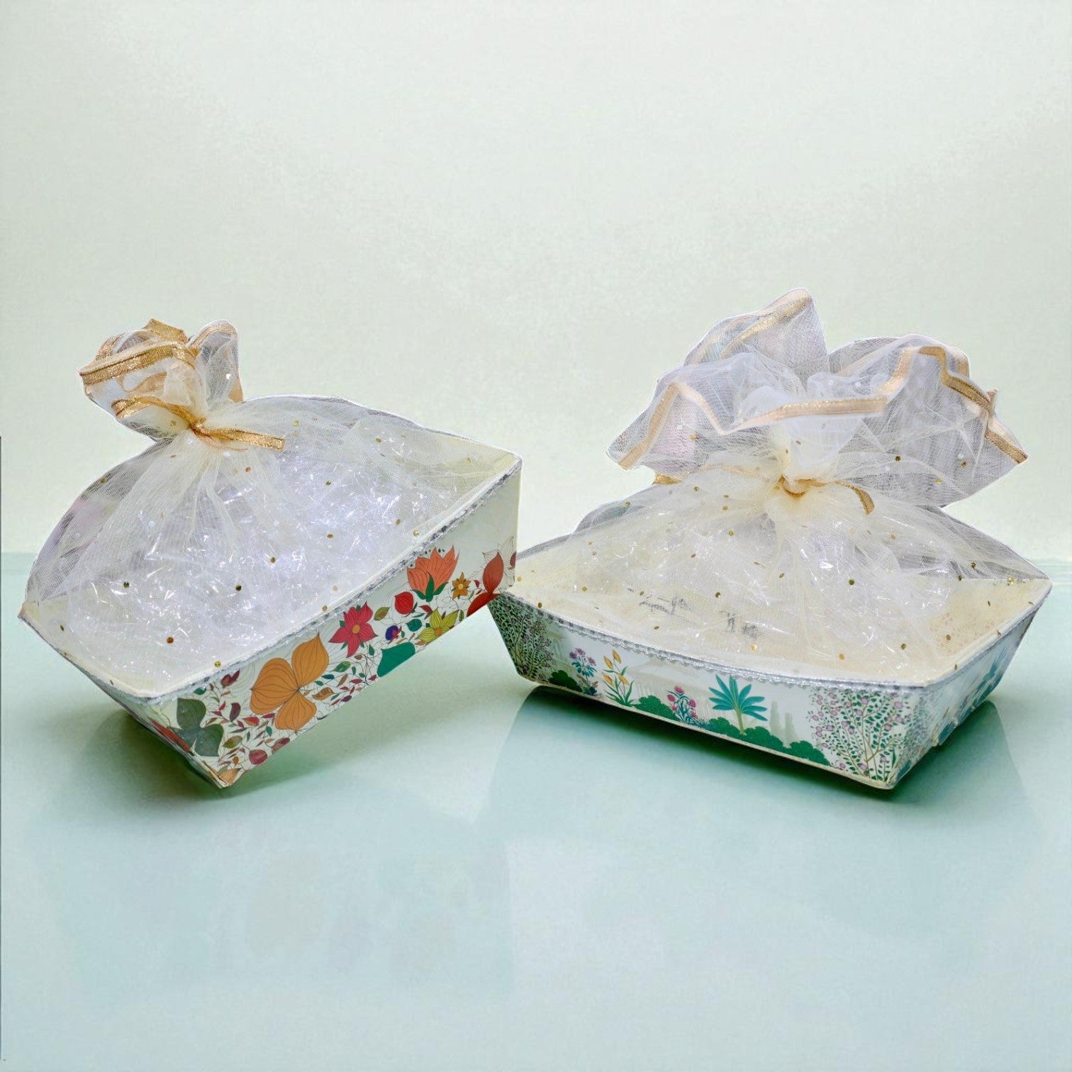 Wrap Shap Printed Cardboard Basket – Assorted Festive Designs for Gift Hampers | Lightweight Basket Base (5 Sizes, MOQ 50 pcs)