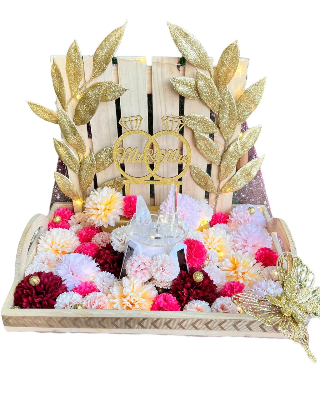 Elegant Engagement Ring Platter with Rotating Ring Holders and Multicolor Carnation Flowers