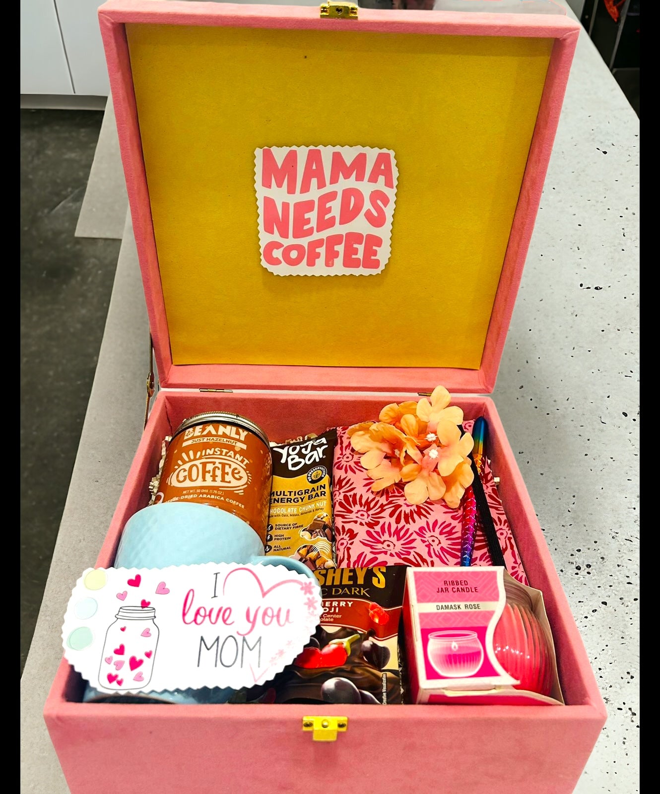 Ultimate Mother's Day Hamper: Instant Coffee, Yoga Energy Bar, Handmade Notebook, and More in Suede Gift Box