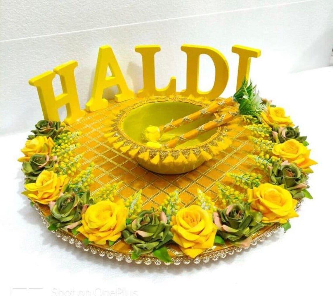 Yellow Haldi Platter with ‘Haldi’ Border & Floral Décor | Wedding Ceremony Steel Bowl Thali | Wrap Shap