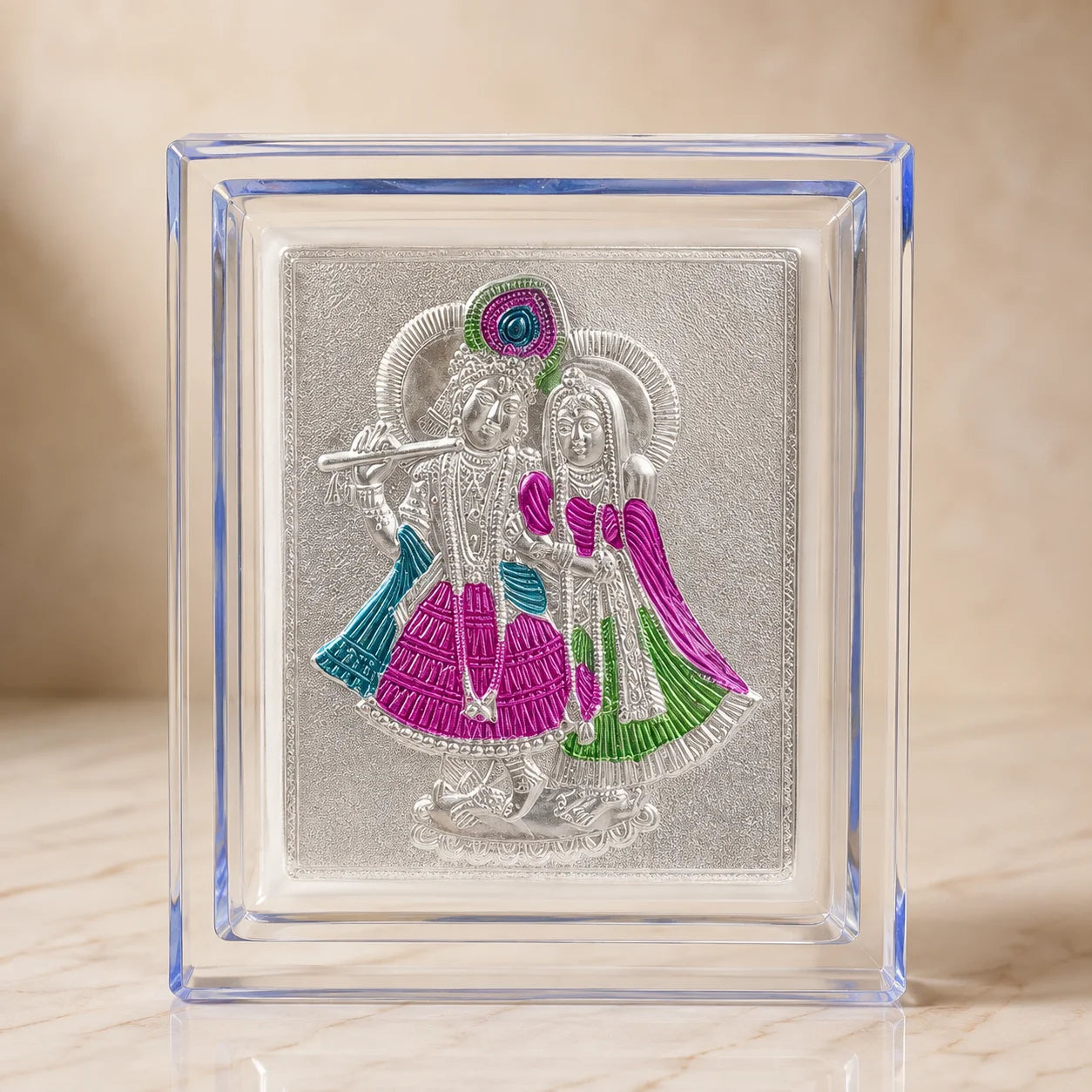 Small 999 Silver Radha Krishna Frame with coloured finish by Wrap Shap, ideal for wedding return gifts, housewarming gifts, pooja gifts, festive gifting, corporate gifting, and home décor.