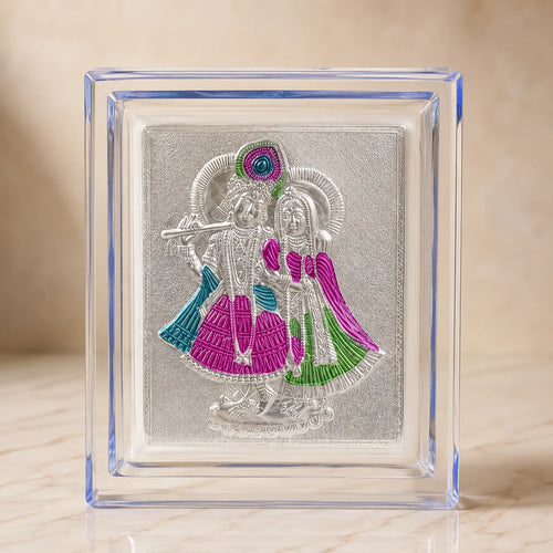 Small 999 Silver Radha Krishna Frame with coloured finish by Wrap Shap, ideal for wedding return gifts, housewarming gifts, pooja gifts, festive gifting, corporate gifting, and home décor.