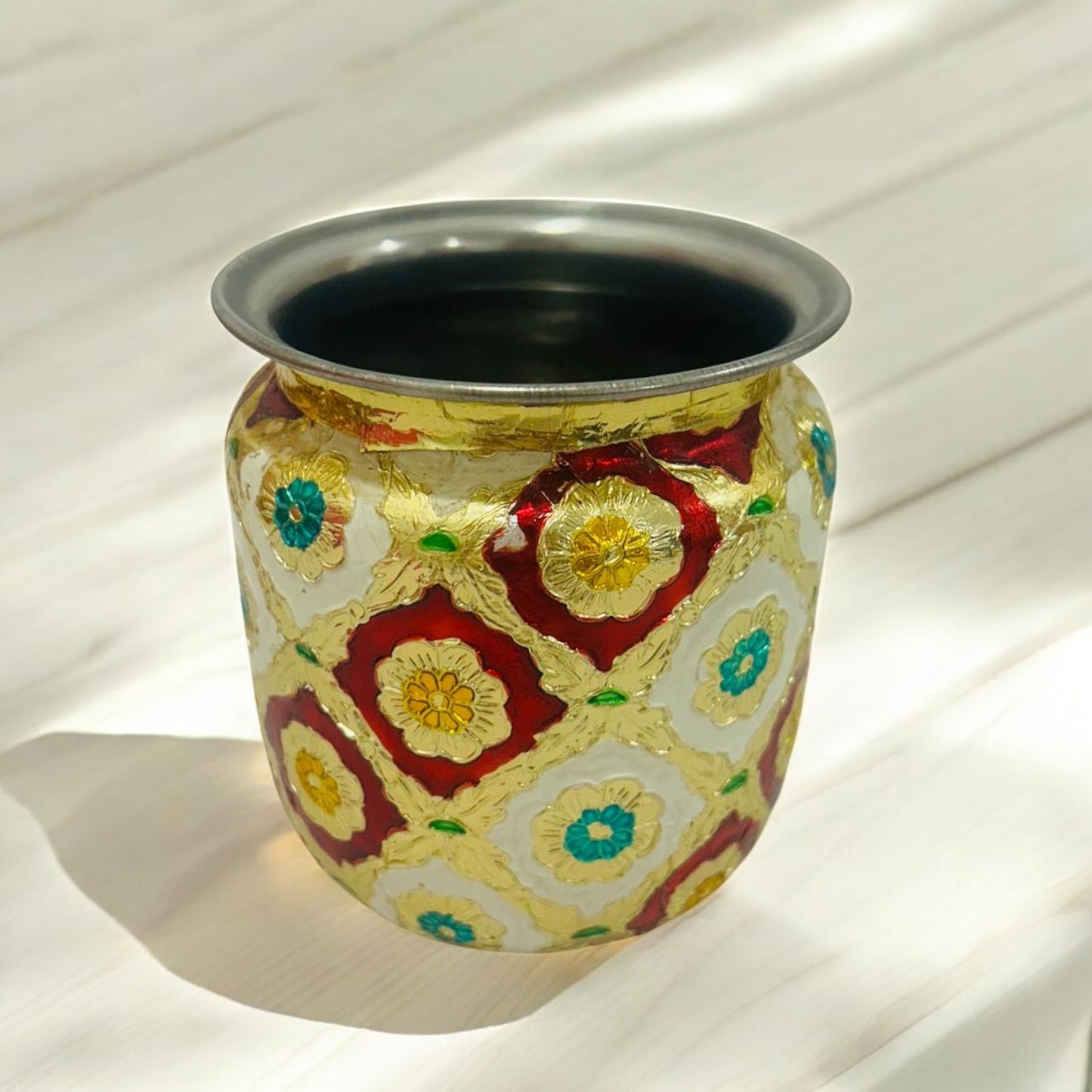 Meenakari Steel Kalash for Pooja & Wedding Ceremonies – Traditional Decorated Kalash by Wrap Shap