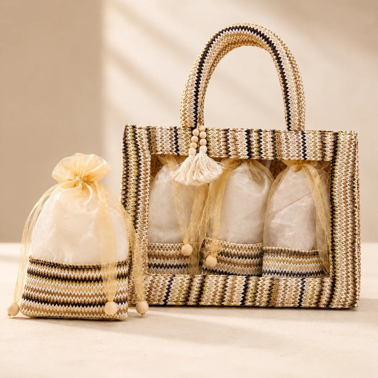 Arvalli Foldable Hamper Basket with 3 Potli Bags