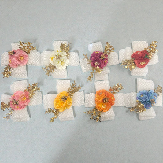 Artificial flower bunch with 3 premium flowers in assorted colors. Ideal for hamper décor, gift packing, saree packing, trousseau trays and festive packaging.