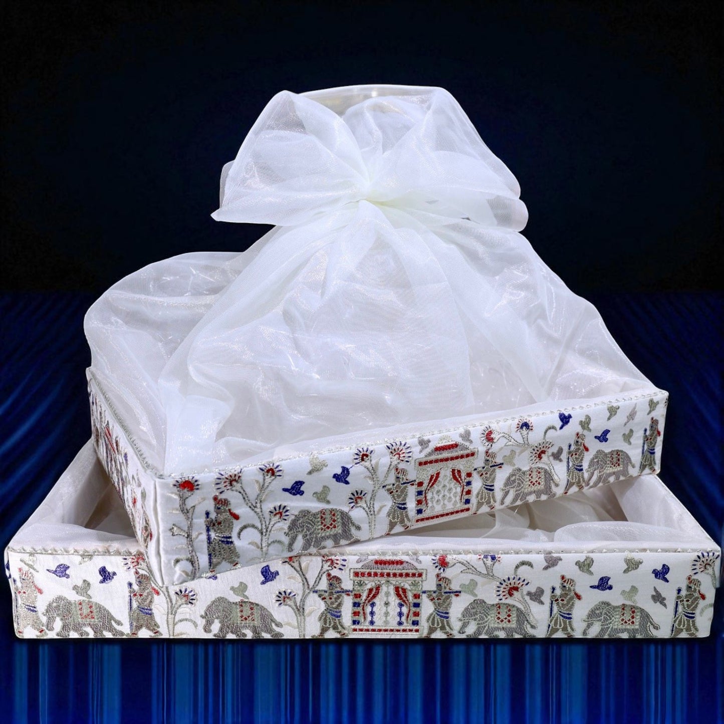 Baarat print rectangular hamper basket with net cover by Wrap Shap for wedding trousseau and festive gifting