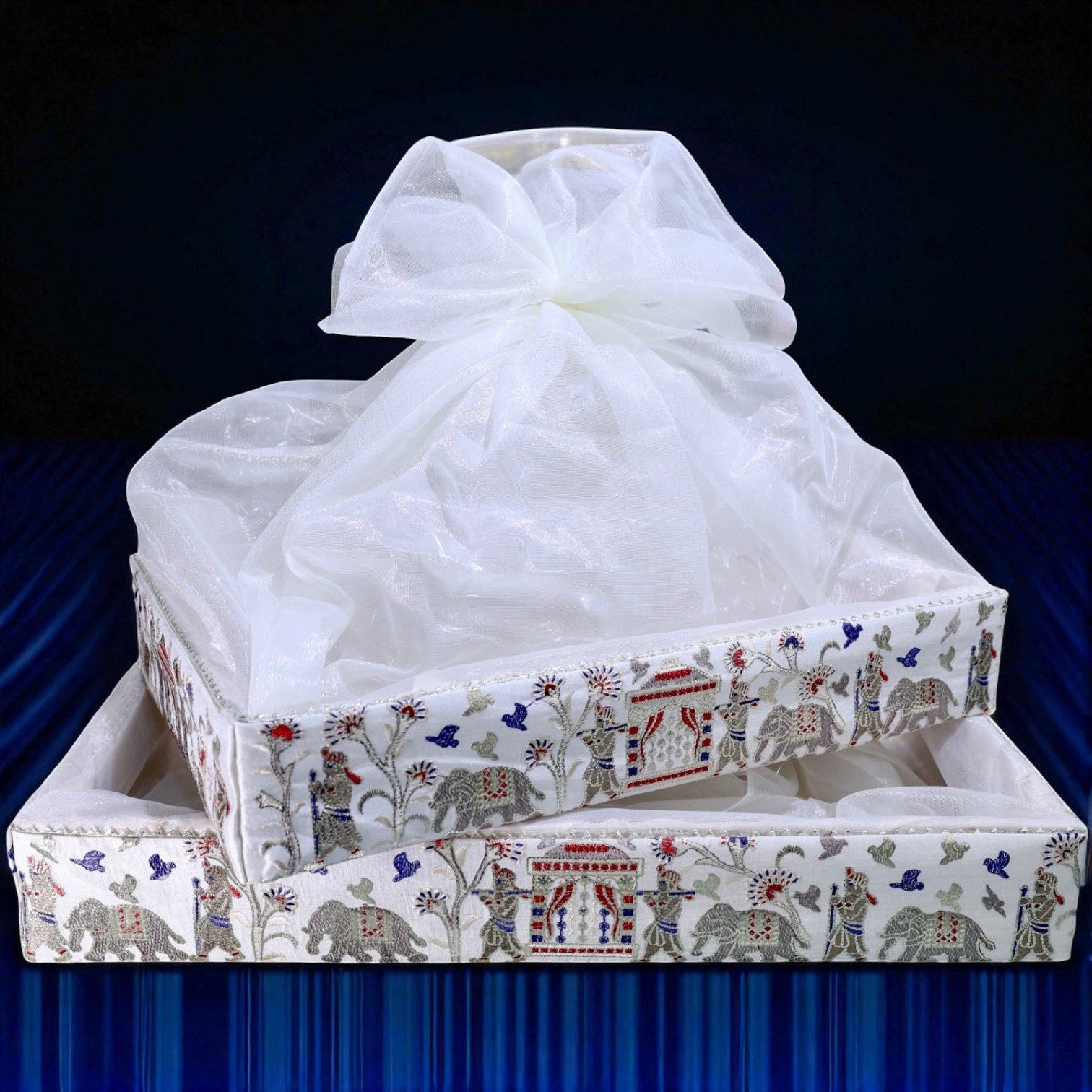 Baarat print rectangular hamper basket with net cover by Wrap Shap for wedding trousseau and festive gifting
