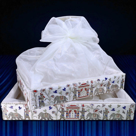 Baarat print rectangular hamper basket with net cover by Wrap Shap for wedding trousseau and festive gifting