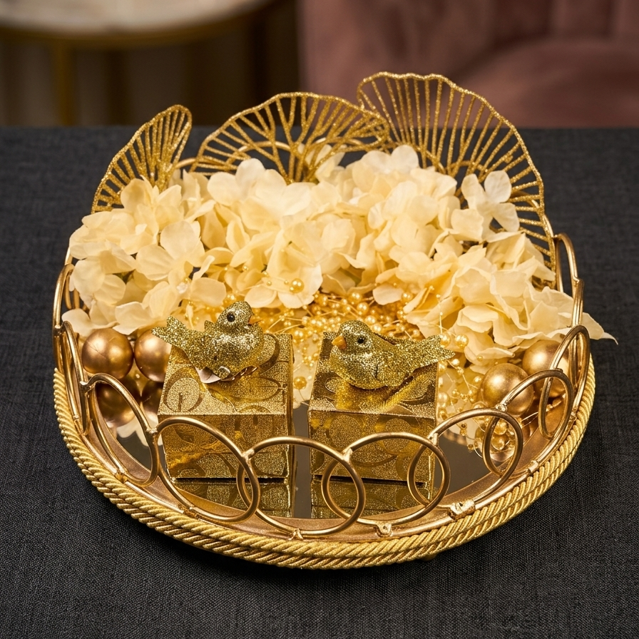 Engagement Ring Platter in a premium metal platter with glass base in gold theme decoration
