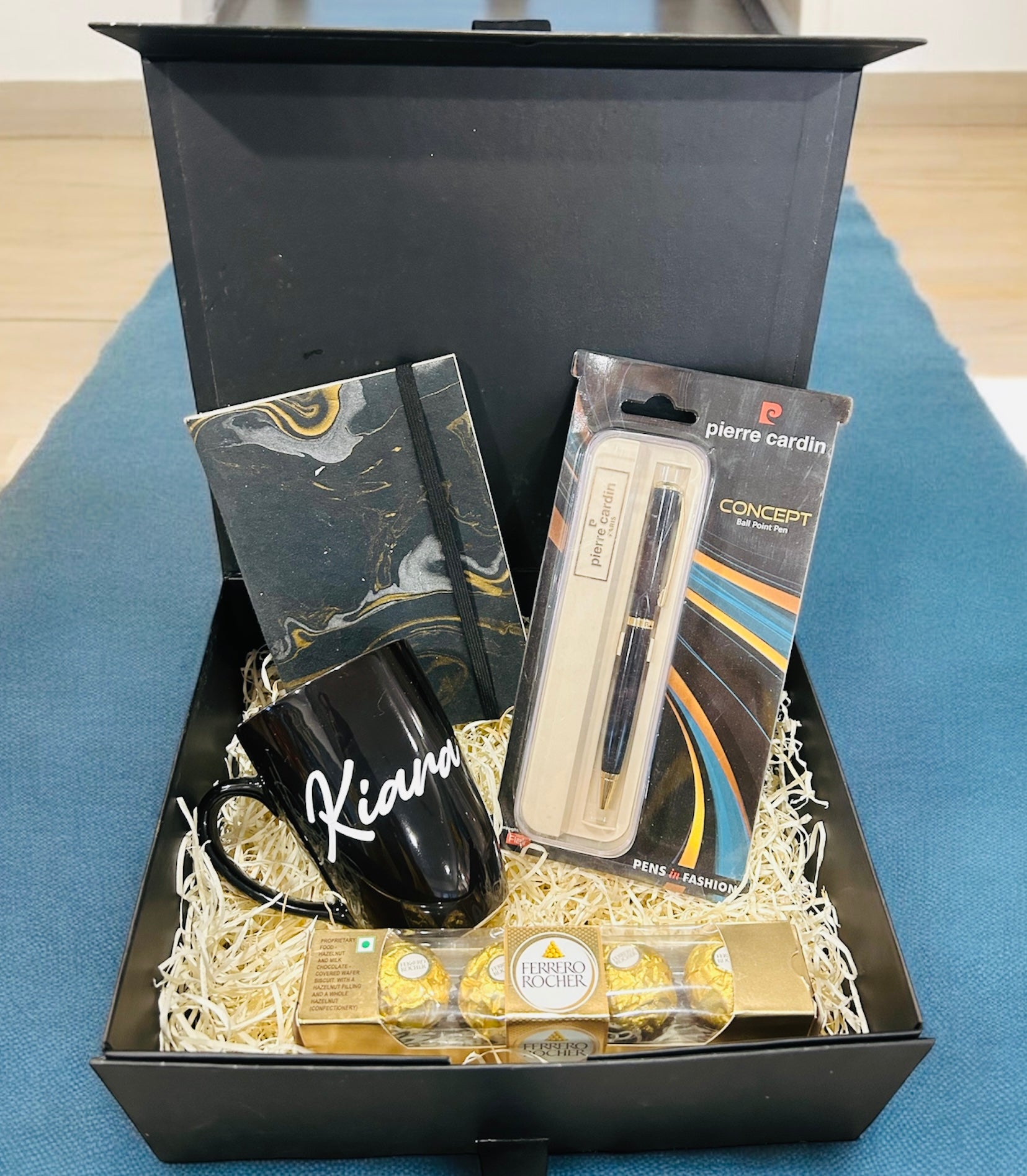 Personalized Gift Hamper with Customized Coffee Mug, Engraved Pen, Handmade Notebook & Ferrero Rocher Chocolate in a Premium Gift Box – Ideal for Women’s Day, Birthday & Anniversary Gifting.