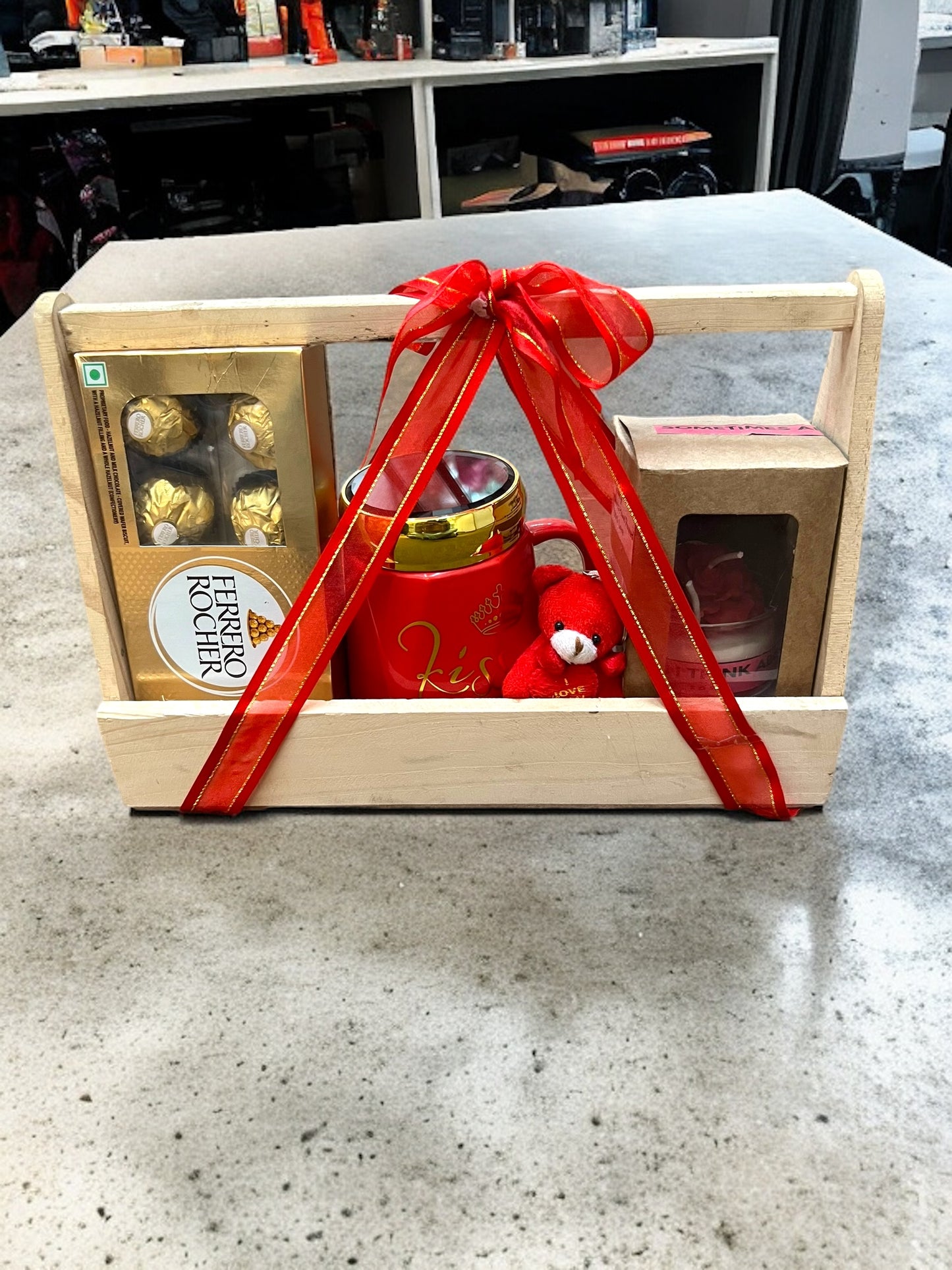 Rustic Charm Wooden Basket Hamper: Decorative Candle, Coffee Mug, Ferrero Rocher Delights