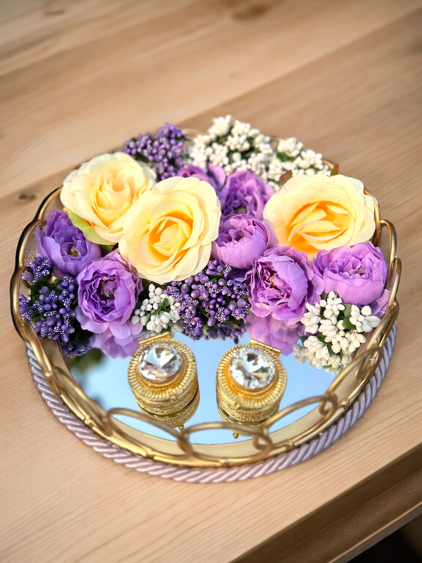 Eternal Bloom Engagement Ring Platter: Purple & Golden Harmony