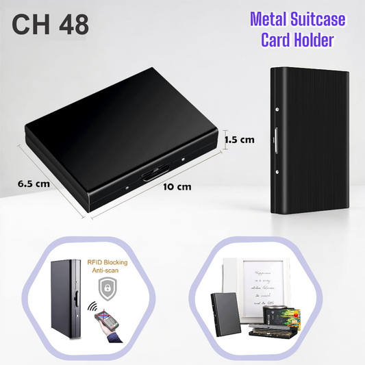 Slim matte black card case with secure push-button design