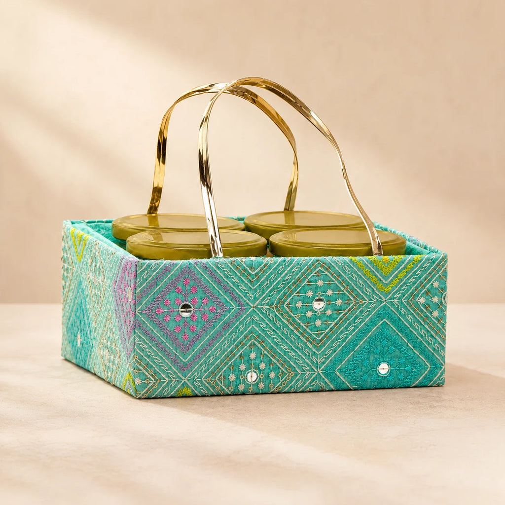 Designer fabric-covered hamper basket for Diwali gifting, bridal trousseau, premium retail packaging, and boutique hampers