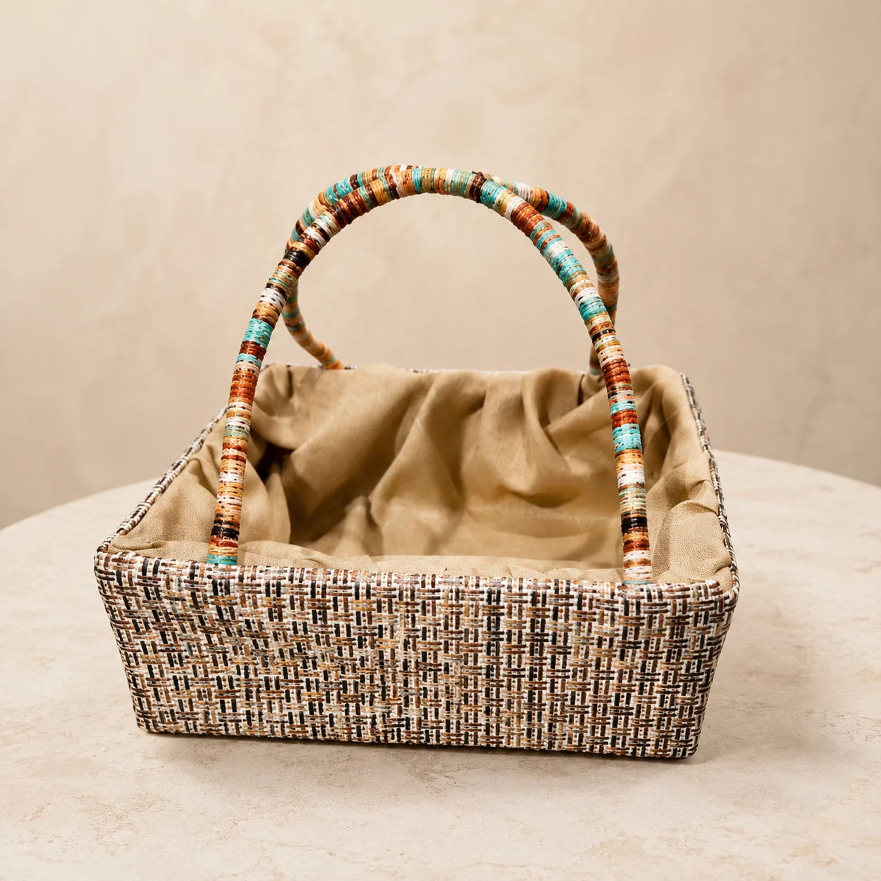 Premium Compton 4 Jar basket made from MDF for festive gifting, wedding hampers, and corporate gift packaging. Elegant square MDF hamper basket designed to hold four dry fruit jars, chocolates, sweets, gourmet treats, and festive gifts.