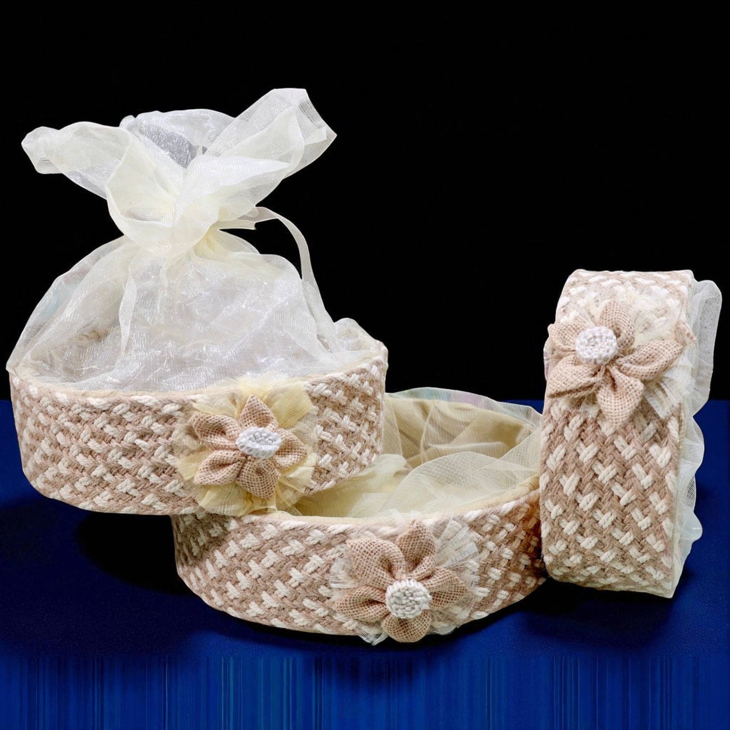Elegant Cosmos Round Basket by Wrap Shap in neutral tones – available in 8x8, 10x10, and 12x12 sizes for luxury gift hampers
